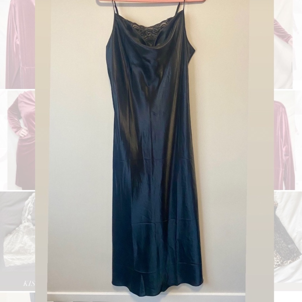 Black Satin Chemise Slip Dress with Lace Trim